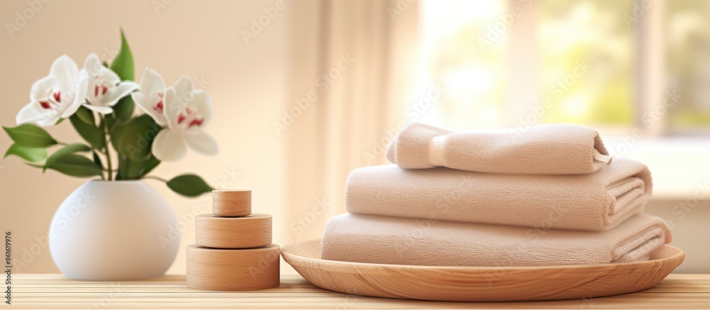 Poster wooden plate with towels displayed, against a blurred bathroom backdrop. intended for product presen
