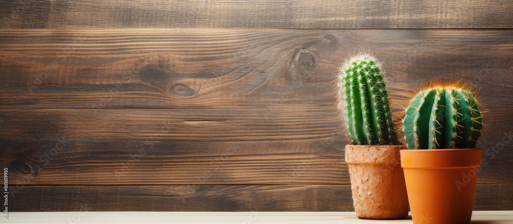 Poster Cactus placed on a rustic wooden surface with a blank area for an image. with copy space image. Place for adding text or design