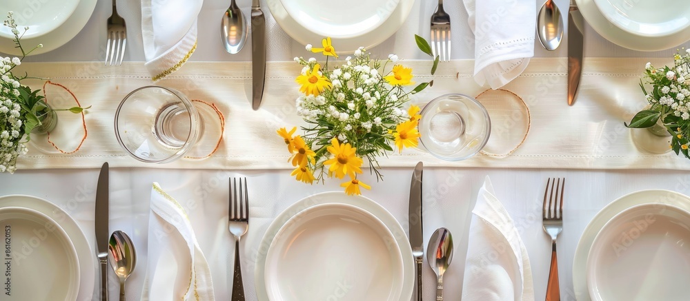 Aufkleber Dining table setting with buttercup flowers. with copy space image. Place for adding text or design