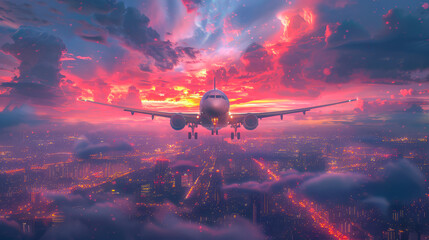 A stunning image of a passenger airplane soaring high in the sky during a vibrant and colorful sunset.