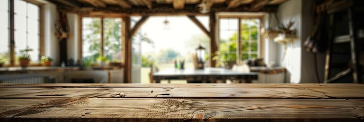 Obraz premium A rustic wooden table surface at the bottom of the frame with a blurred out-of-focus background of a rural home office,