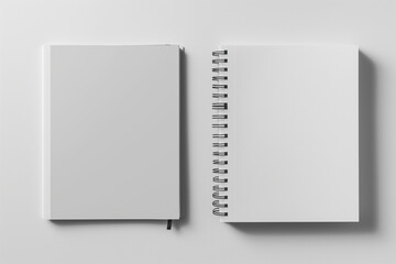 blank notebook isolated on white,Blank photorealistic notebook mock-up on a light grey background, showcasing both front and back views