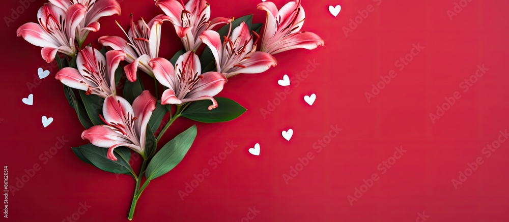 Poster Alstroemeria flowers with heart decorations on a red backdrop creating a romantic ambiance for Valentine's Day. Flat lay view emphasizing copy space image.