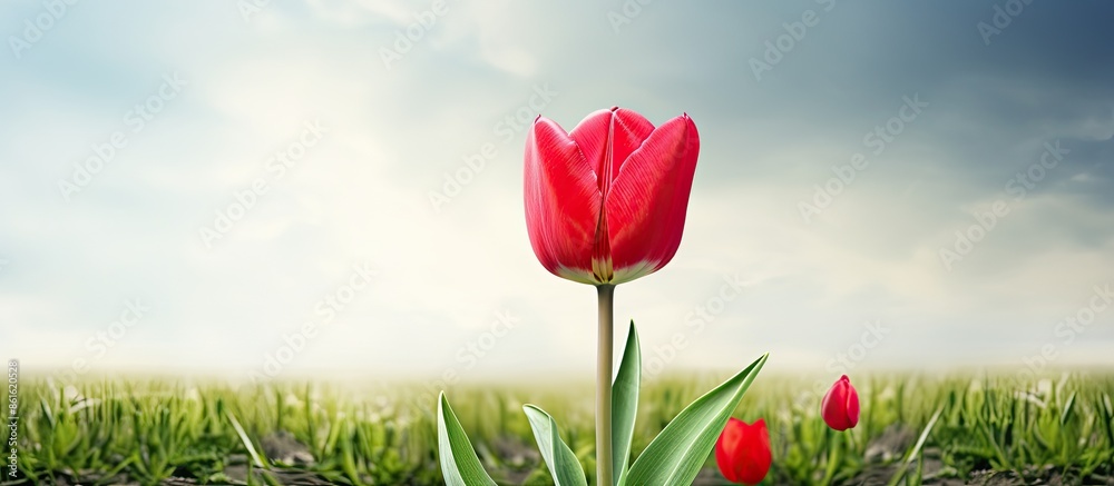 Aufkleber A single tulip in a field, with a background suitable for including text or graphics - a copy space image.
