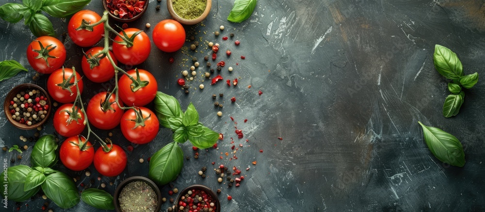 Fototapete cooking concept with tomatoes, basil, and spices arranged on a stone table in a top view shot with c