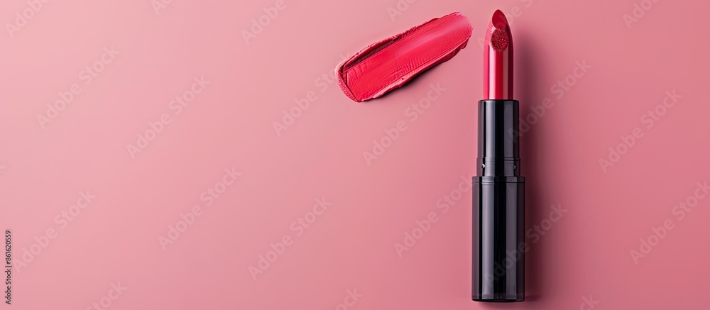 Poster Close-up of a makeup lip brush positioned above a liquid lipstick bottle on a pink background with space for text or images. with copy space image. Place for adding text or design