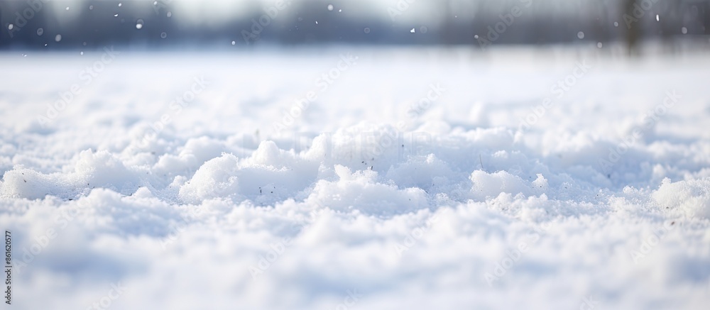 Aufkleber Close-up photo of white snow on the ground after snowfall with a snow-covered surface and a small depth of field, captured during winter with copy space image.