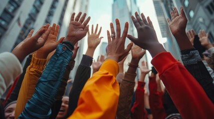 Diverse Group of Raised Hands in Unity for Social and Community Engagement Themes