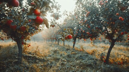 A field of apple trees with many apples on the branches