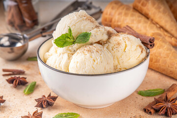 Indian cold summer Garam Masala Gelato dessert, Indian Three Spice Ice Cream in white ceramic bowl, with mint leaves,  spices and waffle ice cream cones
