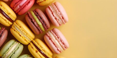 Obraz premium Colorful Macarons Arranged in a Top-Down View on a Dessert Background. Concept Food Photography, Top-Down Shot, Colorful Macarons, Dessert Background, Styling and Composition