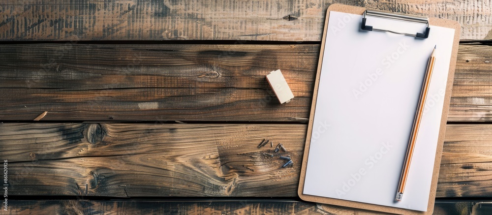 Poster responsive design template featuring a clipboard with a blank white sheet of paper, a pencil, and an