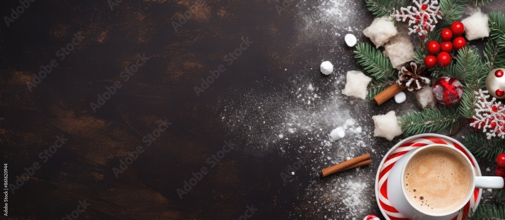 Poster Top view of a Christmas background featuring a cup of hot cocoa topped with marshmallows, providing ample copy space in the image.