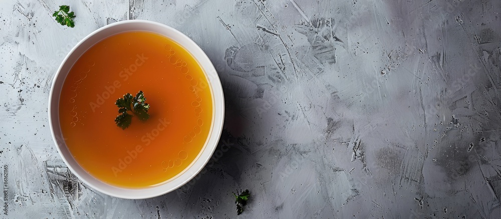 Aufkleber top view of a healthy bowl of broth against a gray background with ample copy space image for a pano