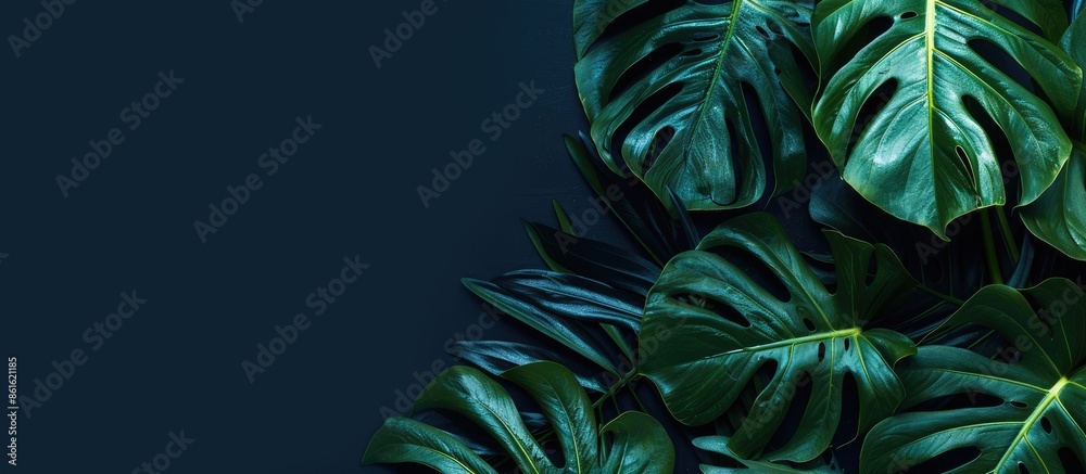 Poster monstera leaves or swiss cheese plant, stunningly displayed against a dark backdrop with focus on th