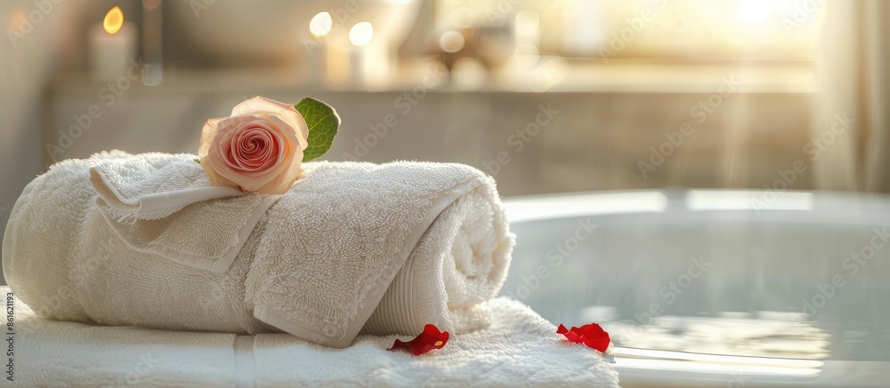 Poster towel with bath tub in luxury bathroom. with copy space image. place for adding text or design