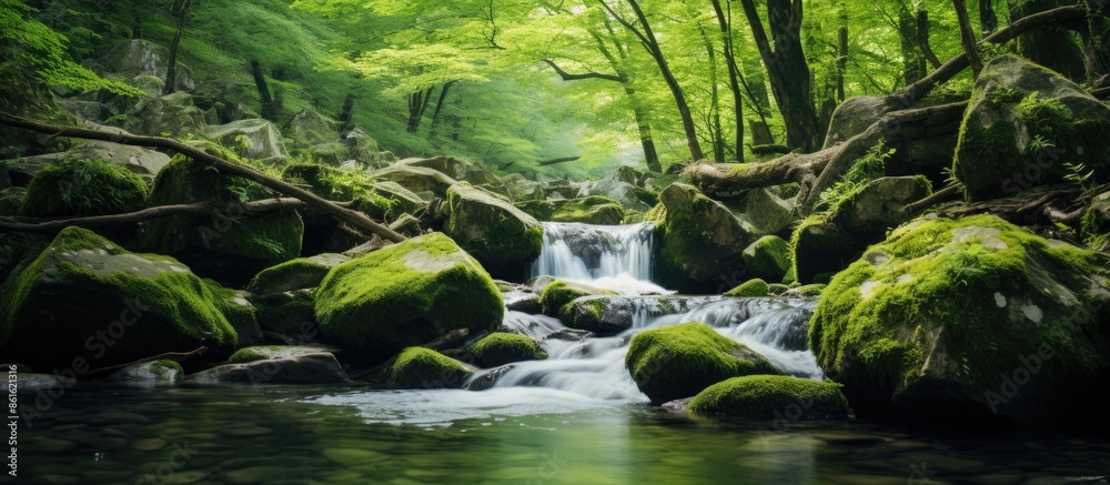 Poster Mountain scenery with a tranquil small waterfall, providing a serene backdrop for a copy space image.