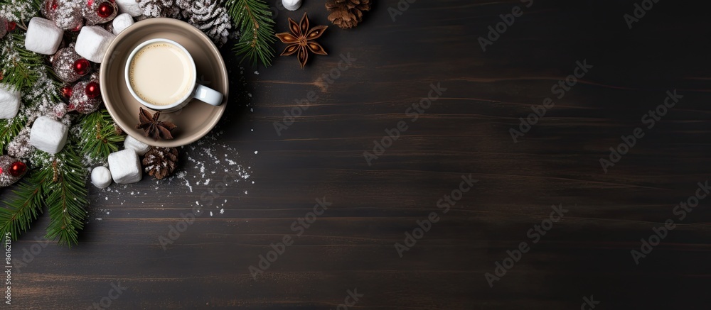 Poster Top view of a Christmas background featuring a cup of hot cocoa topped with marshmallows, providing ample copy space in the image.