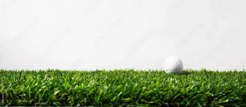 Poster copy space image with a ball resting on synthetic turf against a clean white backdrop.