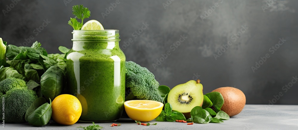 Poster a glass jar filled with a green smoothie surrounded by fresh organic produce on a gray backdrop, emb