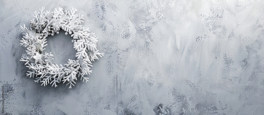 Poster a white christmas wreath displayed on a wall with a background perfect for adding text or images, kn