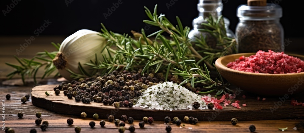 Poster aromatic thyme and peppercorns with sea salt on a rustic wooden board, providing a pleasing arrangem