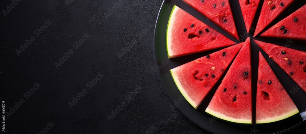 Poster Top-view composition of watermelon slices on a black plate against a concrete backdrop with summer shadows, providing an area for additional content.