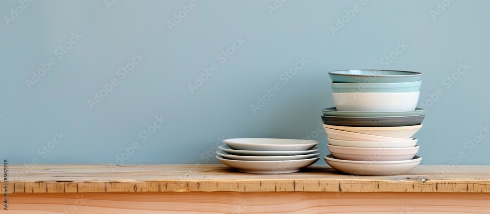 Aufkleber Pile of clean empty plates and bowls on a wooden table. pastel background. with copy space image. Place for adding text or design
