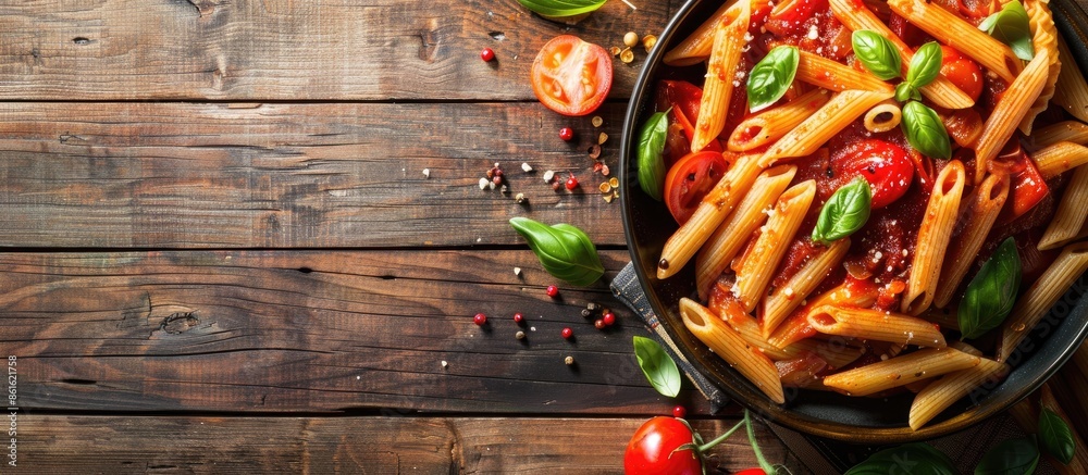 Poster Italian penne pasta in a flavorful tomato sauce with assorted vegetables, presented on a rustic wooden backdrop, with room for text in the image. with copy space image