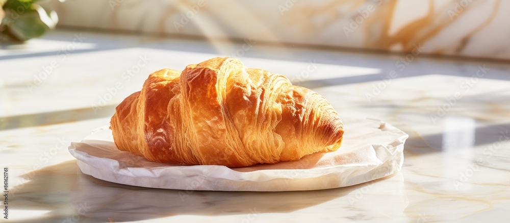 Poster a white plate displaying a freshly baked croissant on a marble floor, basking in morning sunlight wi