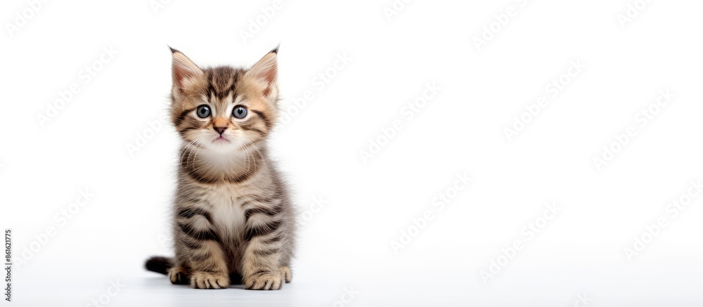 Poster adorable kitten on a white background with copy space image.