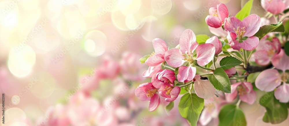 Poster Flowering apple tree branches in spring with pink flowers, perfect for a copy space image.