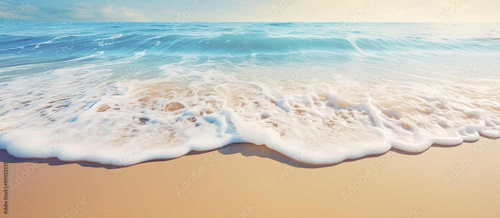 Poster sandy beach in summer with foamy waves, ideal for text in a copy space image.