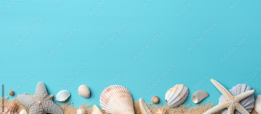 Aufkleber Top view of beach accessories on colored background with copy space image.