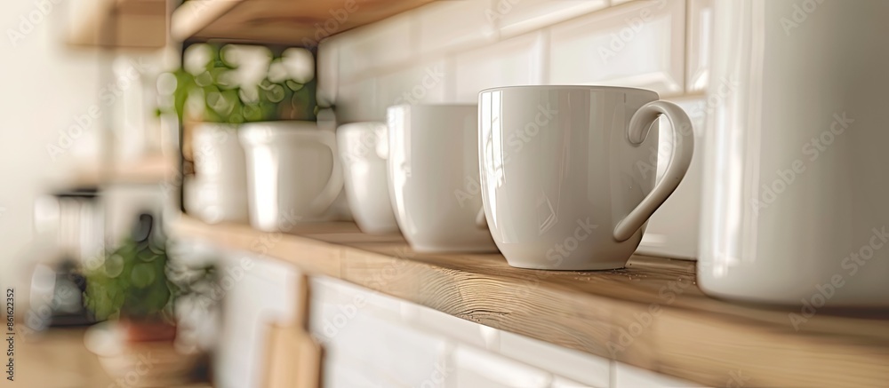 Poster white coffee mugs hanging on a shelf in kitchen, shallow thin line of focus on one cup, clean bright