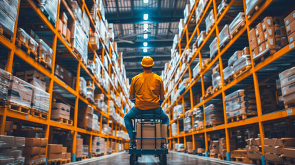 A dynamic image of a warehouse worker sitting on a utility cart, looking down an aisle filled with tall shelves stocked with goods.