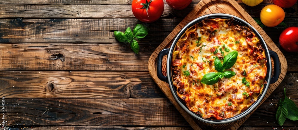 Fototapete Top view of a baking dish showcasing lasagna topped with bolognese sauce and minced beef, set against a rustic wooden background with space for text or graphics. with copy space image