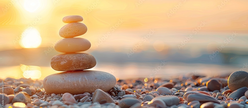 Poster zen concept. the object of the stones on the beach at sunset. harmony & meditation. zen stones. copy
