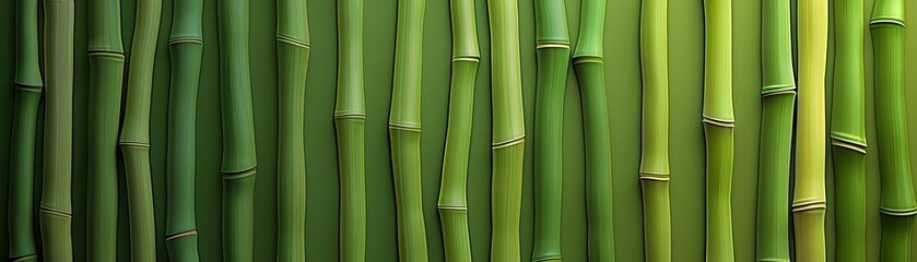 Obraz premium Close-up image of green bamboo stems lined up vertically, showcasing the natural texture and vibrant colors of bamboo wood.