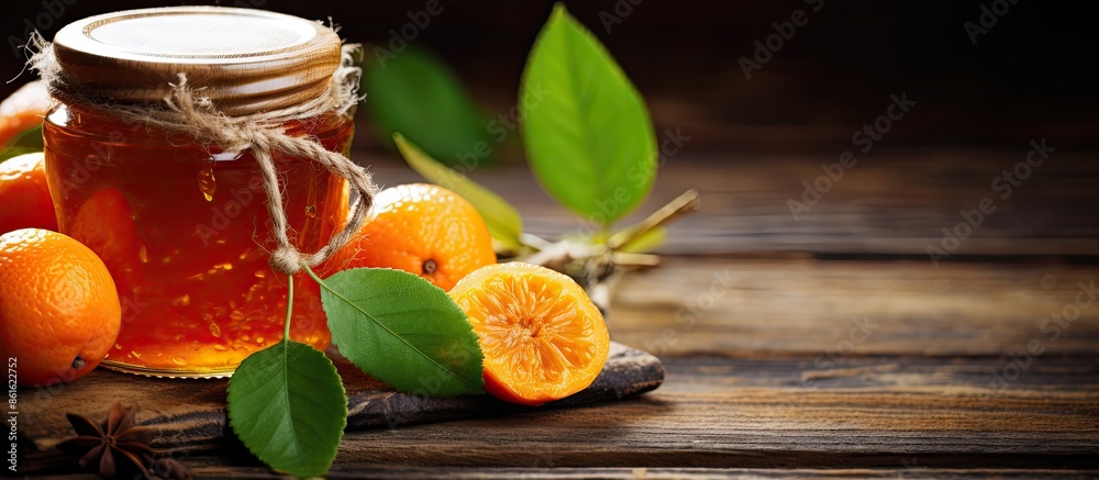 Poster autumn-themed concept featuring homemade tangerine jam with spices and mint on a rustic wooden table