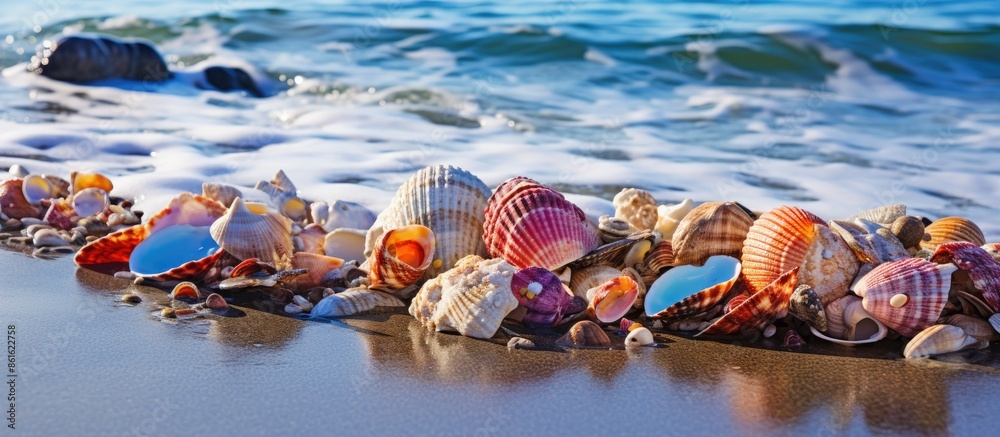Poster vibrantly colored seashells displayed on big coastal rocks with splashing waves, ideal for a copy sp