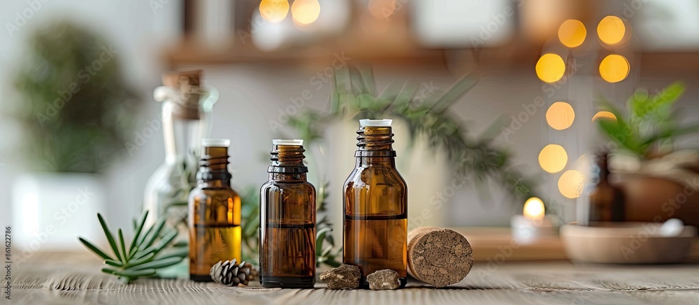 Poster Small bottles of essential oils used for herbal medicine displayed on the table with copy space image.