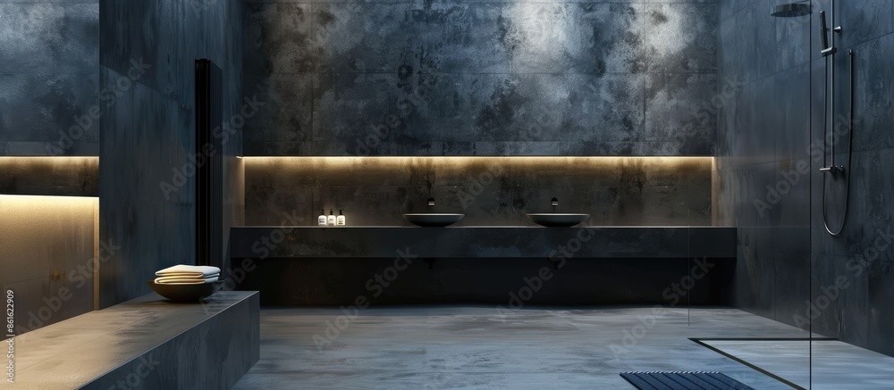 Poster stylish modern bathroom with shower, sink and towels. with copy space image. place for adding text o