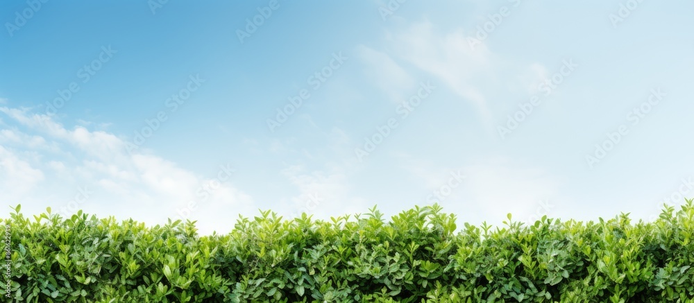 Poster garden hedge against a backdrop of the sky in a copy space image.