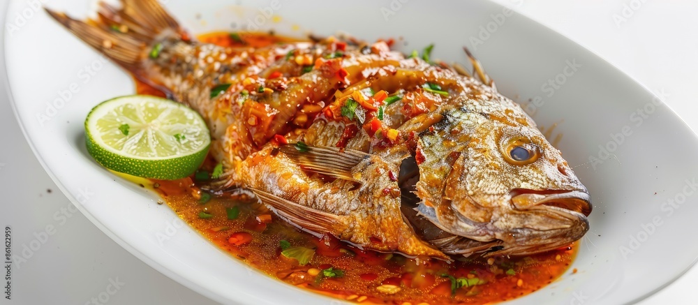 Poster Tilapia fish with a spicy Sambal sauce, placed on a white background with selective focus, allowing room for text in the image. with copy space image. Place for adding text or design