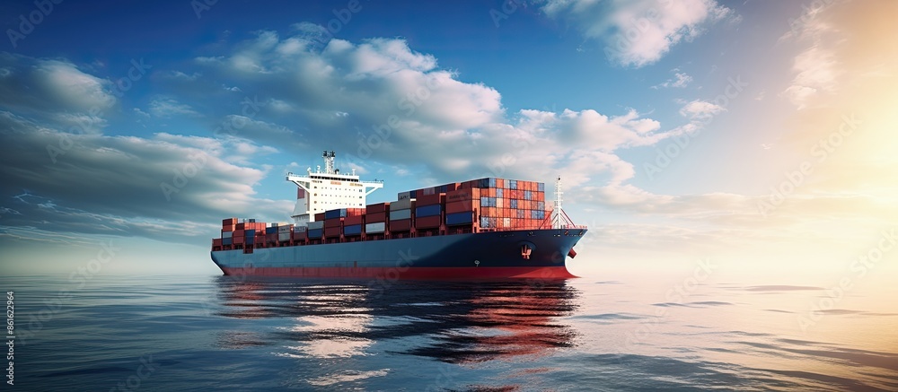 Poster aerial view of a cargo ship at sea with containers, ideal for import-export logistics, featuring cop