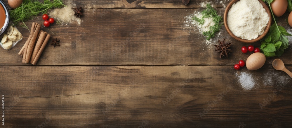 Poster rustic wooden table with a baking border, a rolling pin, fresh ingredients in bowls, and a copy spac