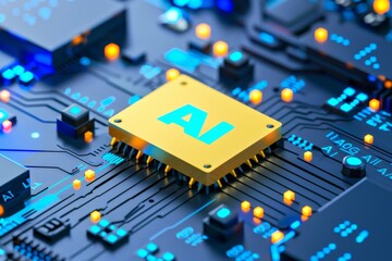 AI Microchip on Circuit Board, Highlighting the Precision and Advancement of Artificial Intelligence in Modern Electronics