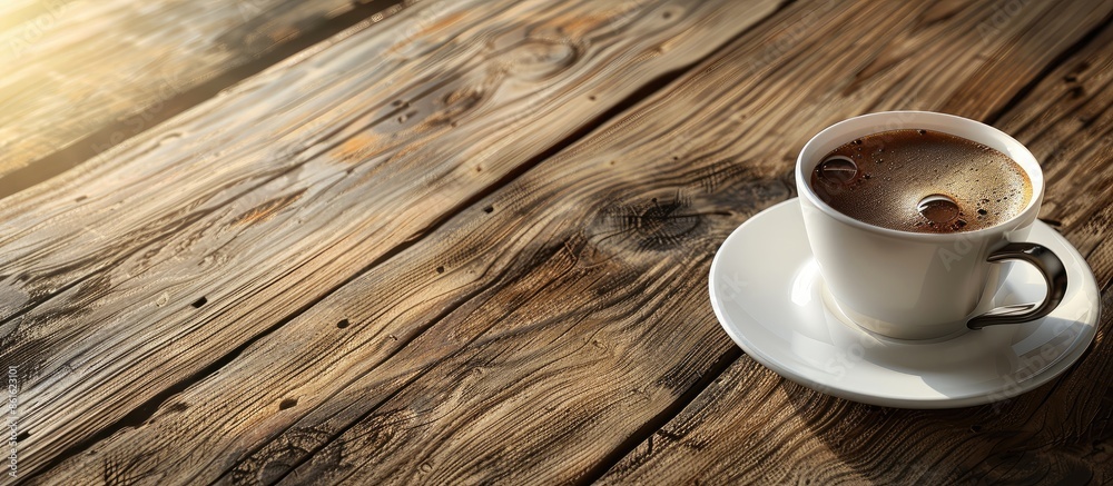 Poster wooden table set with a cup of coffee, ideal for showcasing copy space image.