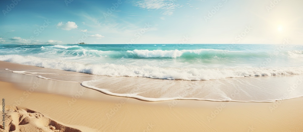 Poster A Spring Break message is handwritten on smooth sandy beach with an oncoming wave, creating a lens flare with a copy space image.